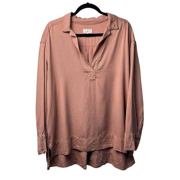 LOU & GREY Women's Tunic Top V Neck Clay Pink Lyocell Oversized Split Popover - Picture 1 of 9